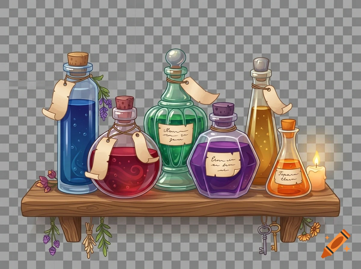 A wooden shelf holding various colorful magic potion bottles, a lit candle, herbs hanging underneath, and two skeleton keys.
