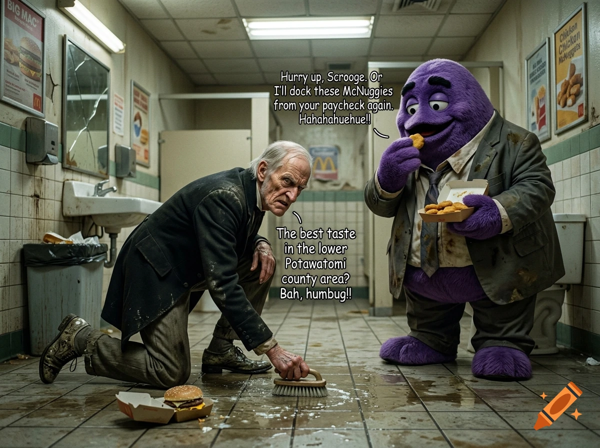 Photorealistic image of Ebenezer Scrooge scrubbing a dirty restaurant floor while Grimace supervises him eating chicken nuggets.