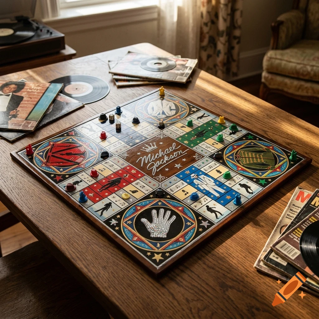 A custom Michael Jackson-themed board game sits on a wooden table, surrounded by vinyl records and magazines.