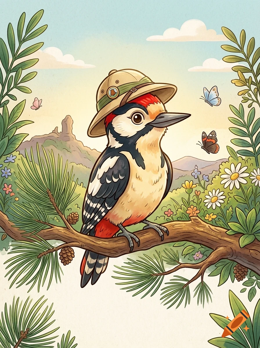 An illustrated woodpecker wearing a safari hat perches on a pine branch amidst a scenic mountainous landscape with butterflies and flowers.