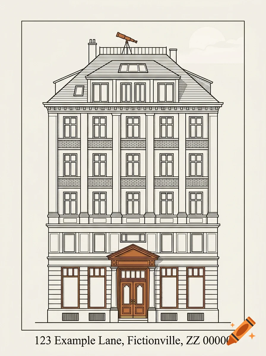 An architectural line drawing illustration of a detailed multi-story building facade with a telescope on the roof and an address at the bottom.