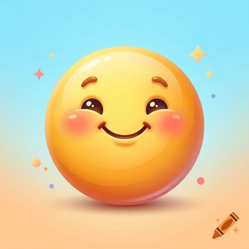 A friendly, smiling yellow sphere emoji character against a soft gradient blue and orange background with small glowing stars and sparkles.