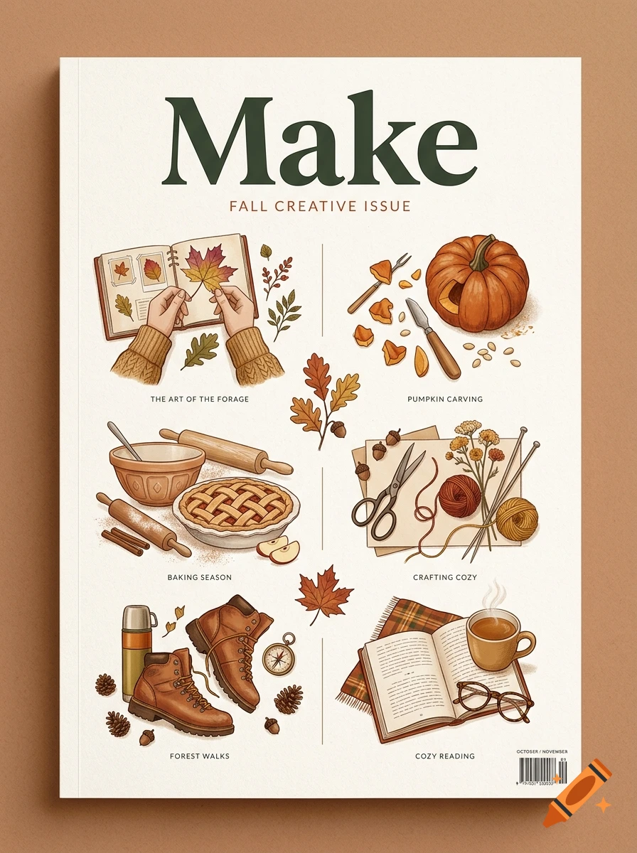 Fall creative issue magazine cover featuring illustrated autumn activities in cozy watercolor style.