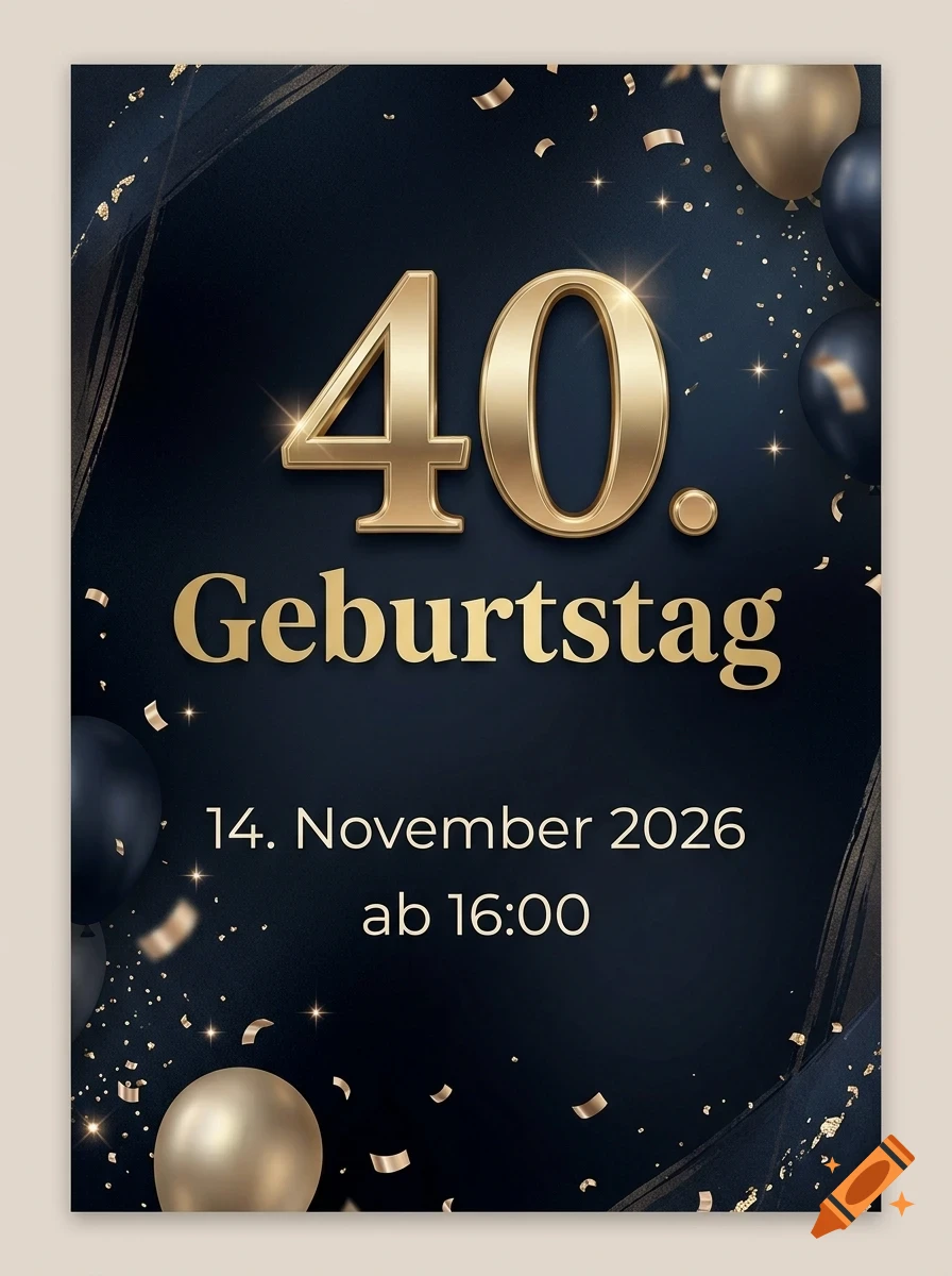 An invitation design for a 40th birthday featuring large gold lettering on a dark blue background, decorated with balloons and confetti.