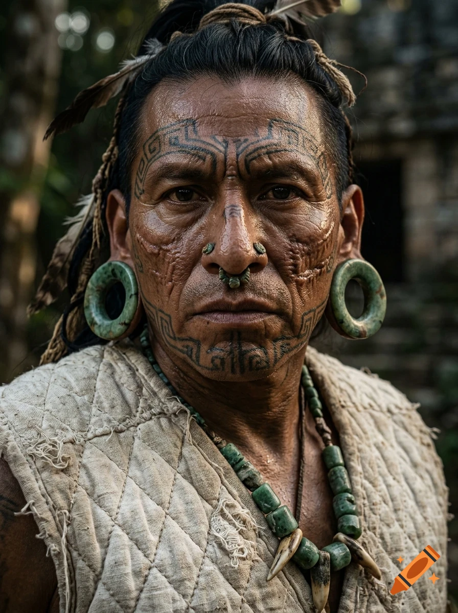 Close-up portrait of an indigenous man with facial tattoos, large green stone earspools, nose rings, feathered hair ties, and a bead necklace.