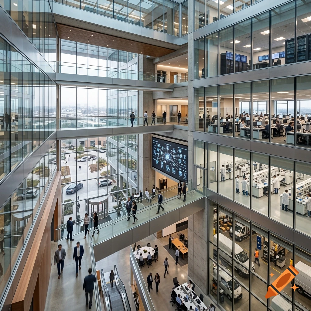 Multi-story modern glass office building interior with various floors showing workspaces, laboratories, and walkways.