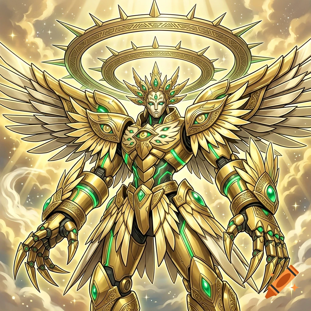 An ornate golden robotic angel entity with large feathered wings and a glowing halo against a cloudy, luminous sky.