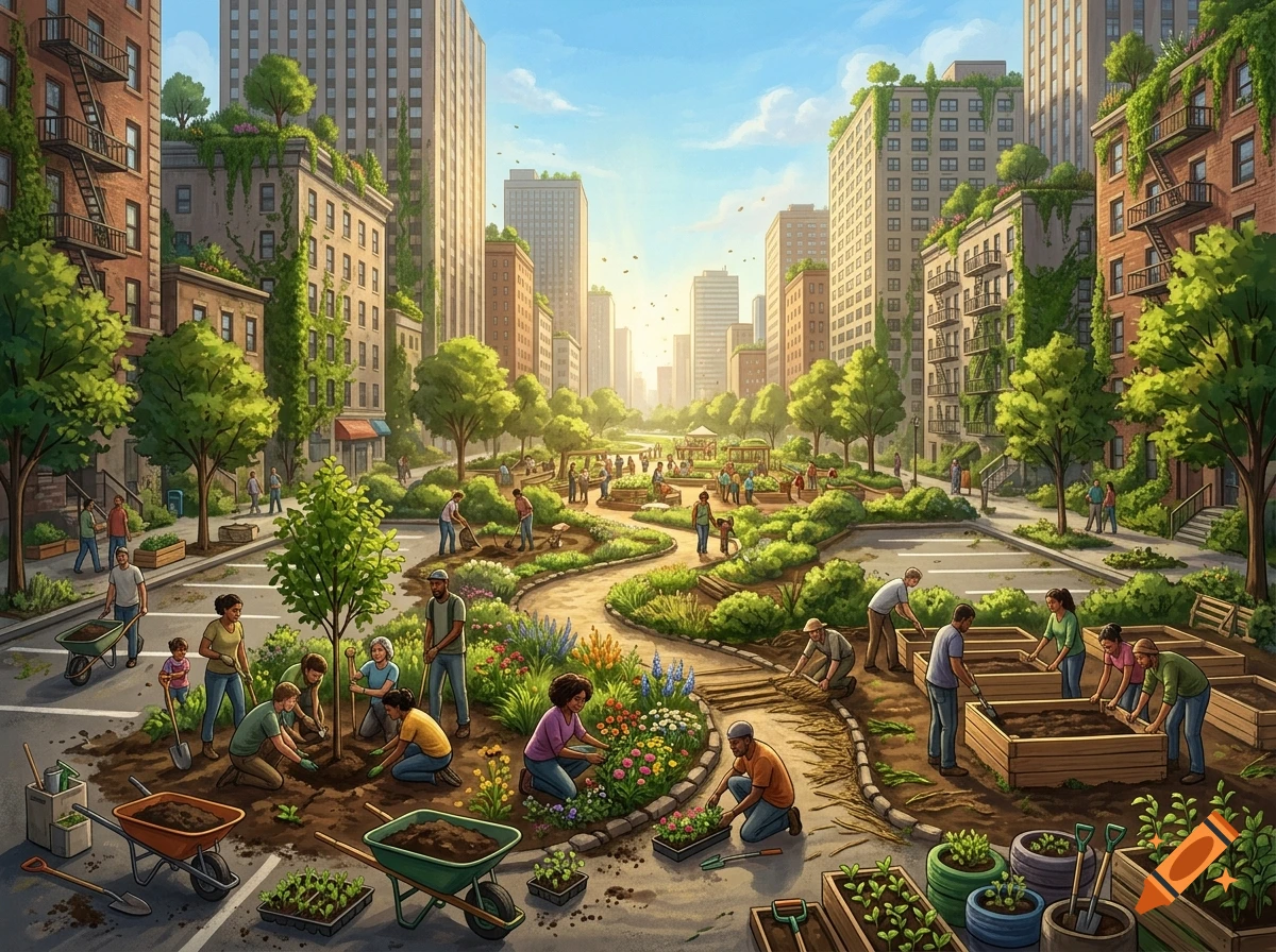People transforming an urban street into a green community park filled with trees, plants, and garden beds.