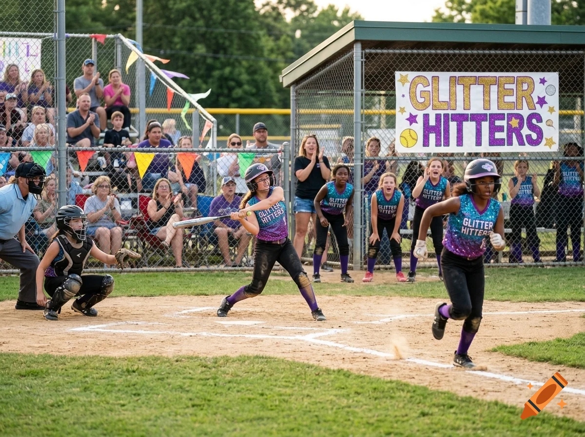 Young softball players in uniform during a game, with one running toward home plate and another swinging a bat.