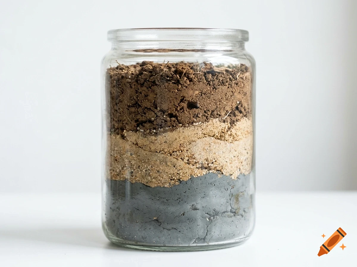 A clear glass jar filled with layered soil samples, showing dark clay at the bottom, sandy loam in the middle, and organic topsoil at the top.
