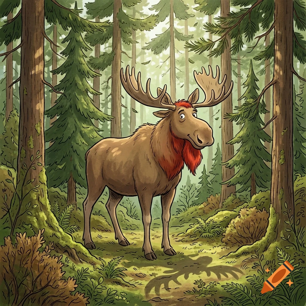 An illustrated moose stands in the middle of a dense pine forest with mossy ground.