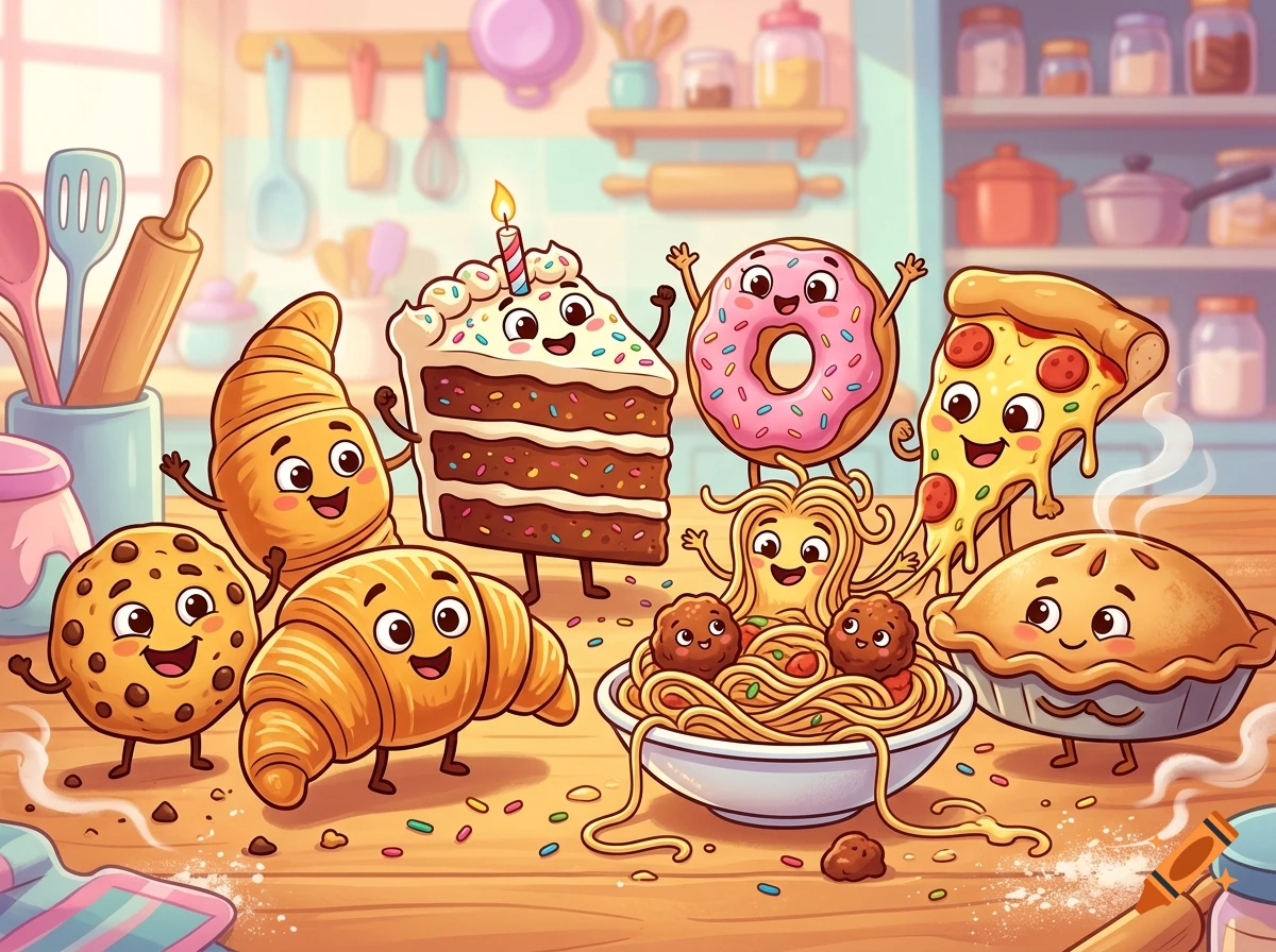 Colorful cartoon illustration of anthropomorphic food items including a cake, donut, pizza, croissant, and spaghetti smiling in a kitchen.
