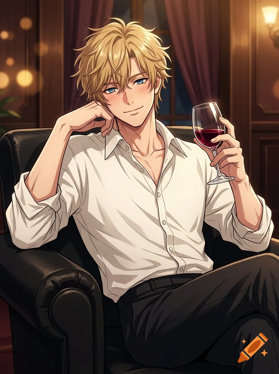An anime-style illustration of a young man with blonde hair and blue eyes sitting in a leather chair, holding a glass of red wine.