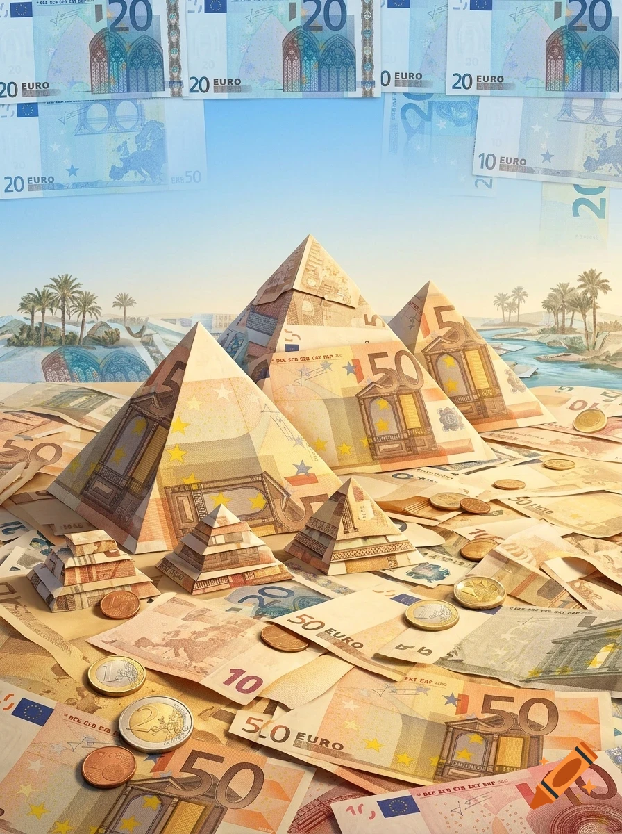 An imaginative landscape where pyramids and structures are built out of euro banknotes and coins, with a river and palm trees in the background under a blue sky.