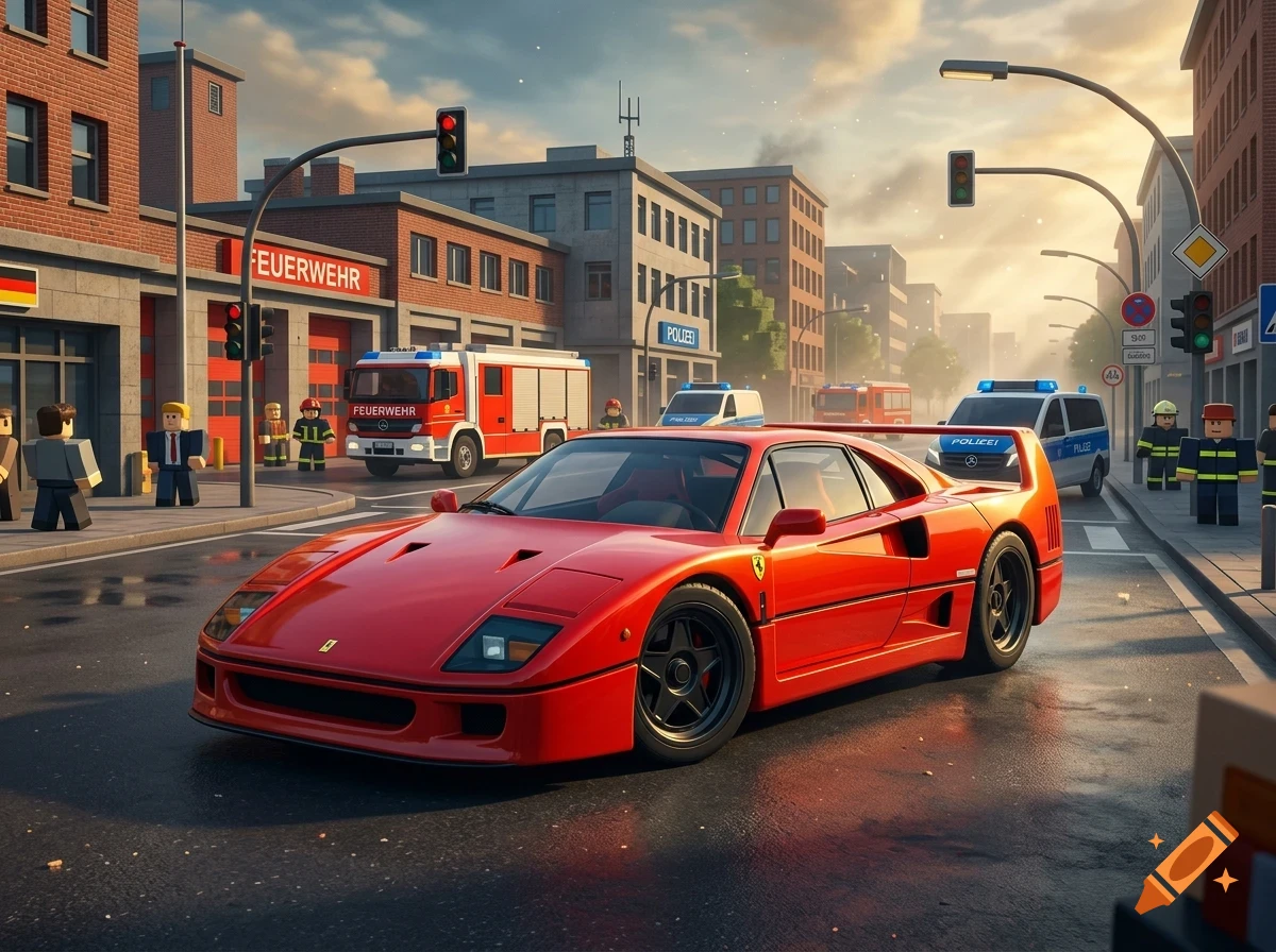 A red sports car parked on a city street with blocky, Lego-style buildings, fire trucks, and police cars in the background under a warm sunset sky.