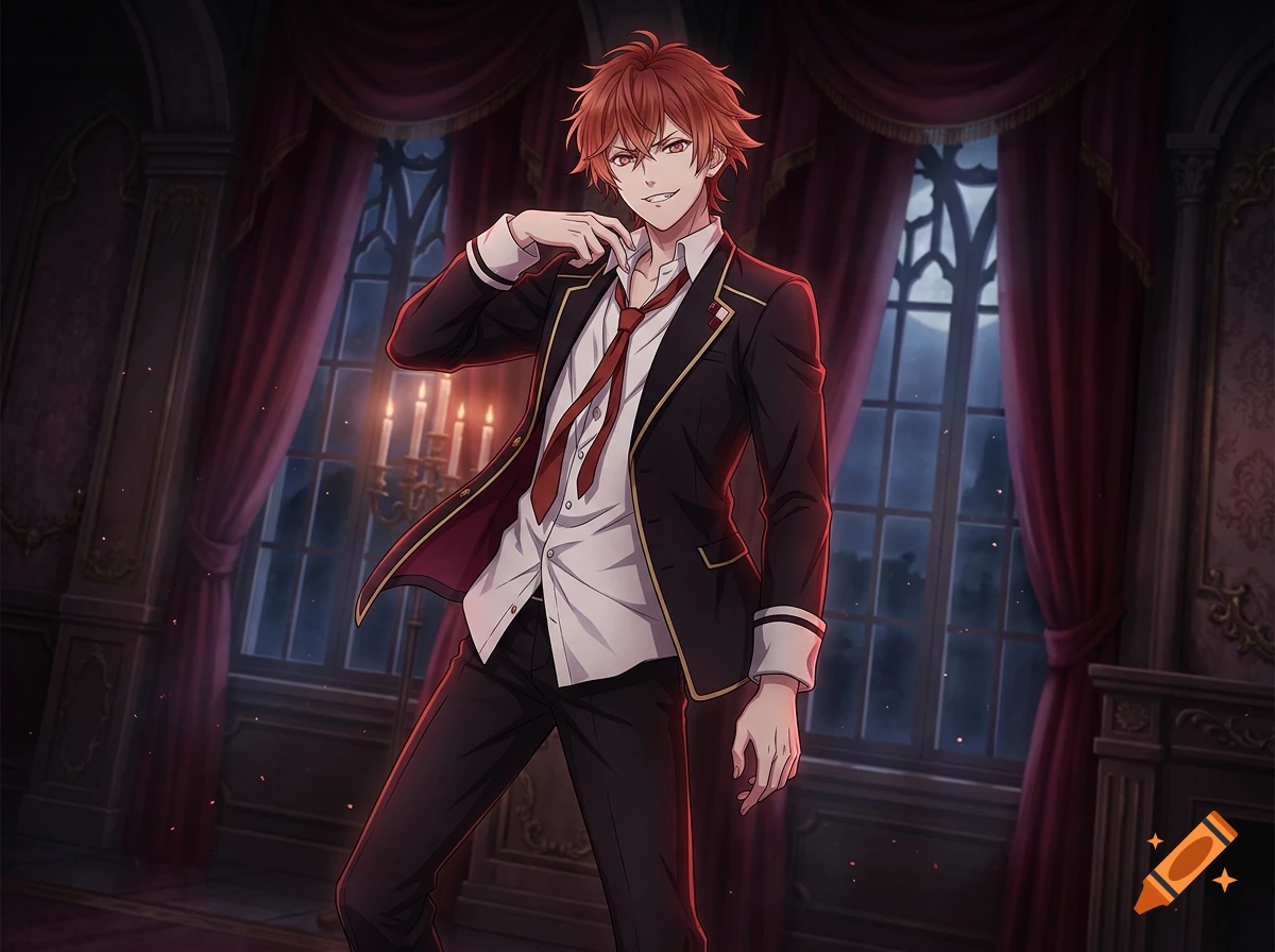 Anime style illustration of a male character with red hair and eyes wearing a school uniform in a gothic room.