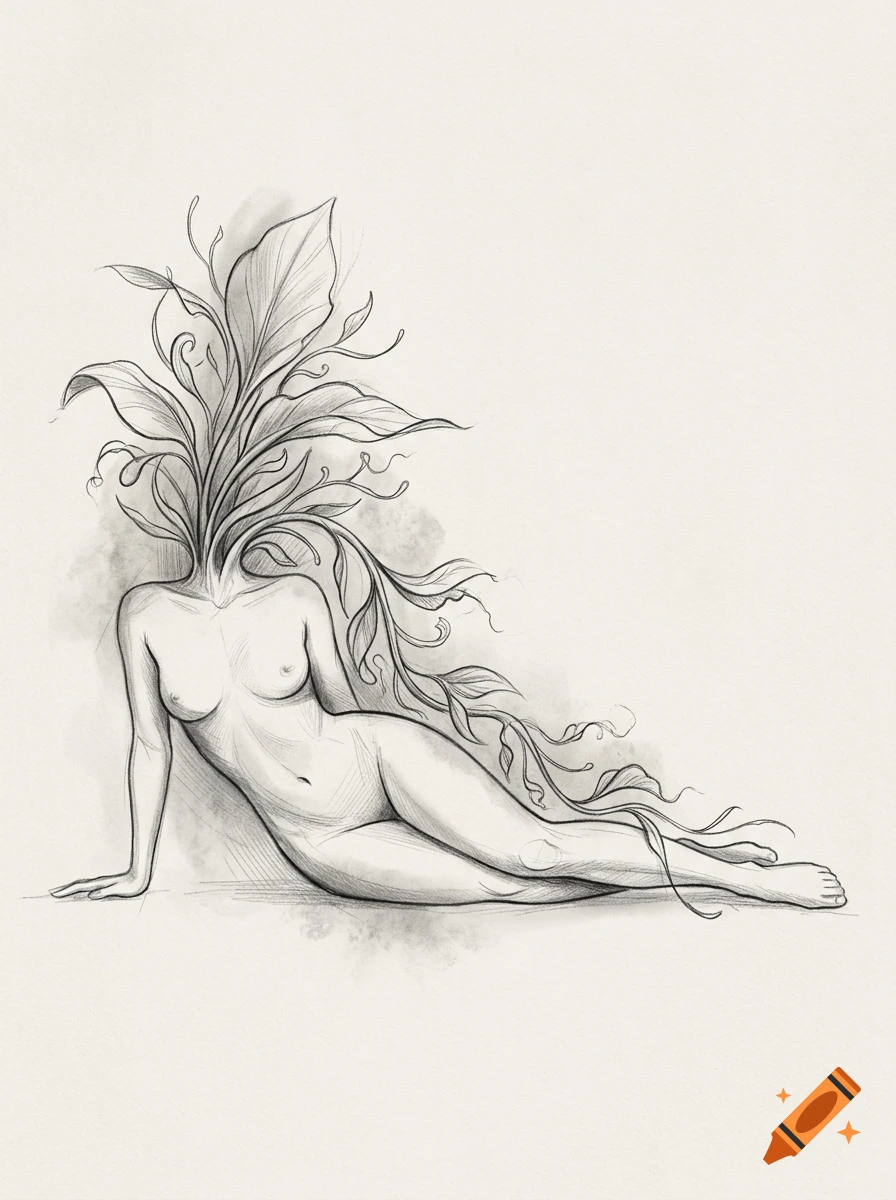 Black and white pencil sketch of a reclining woman with a large plant growing in place of her head.