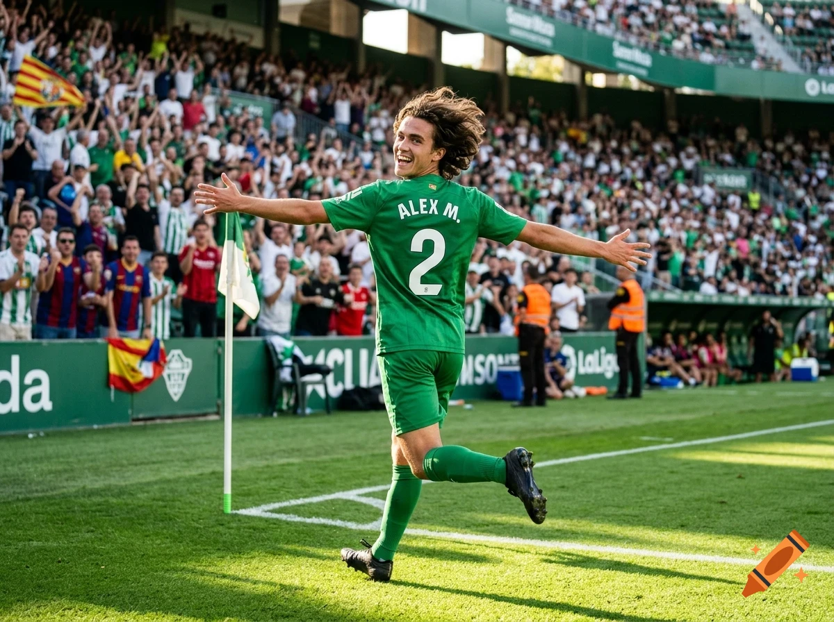 A soccer player in a green jersey celebrating a goal on the field with a cheering crowd in the background.