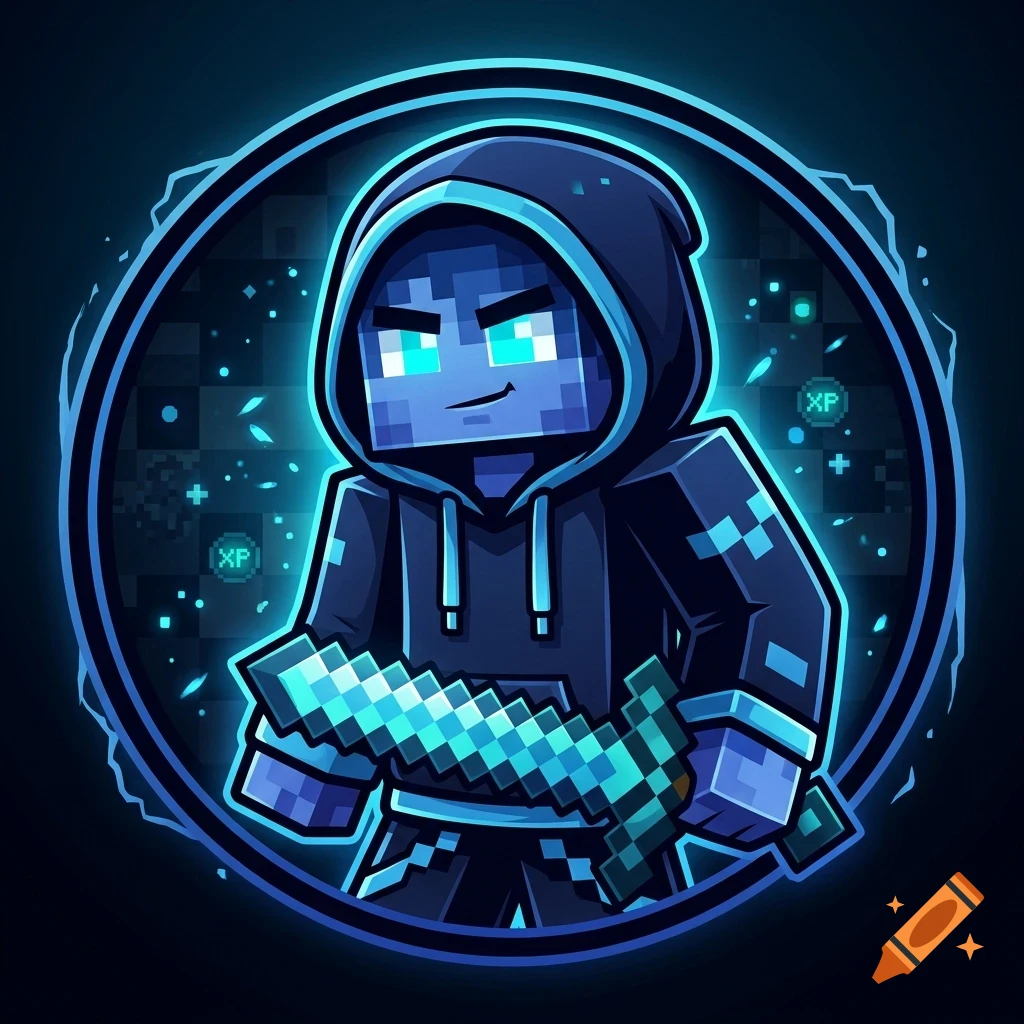 A glowing blue pixelated character wearing a hooded sweatshirt and holding a sword inside a circular frame.