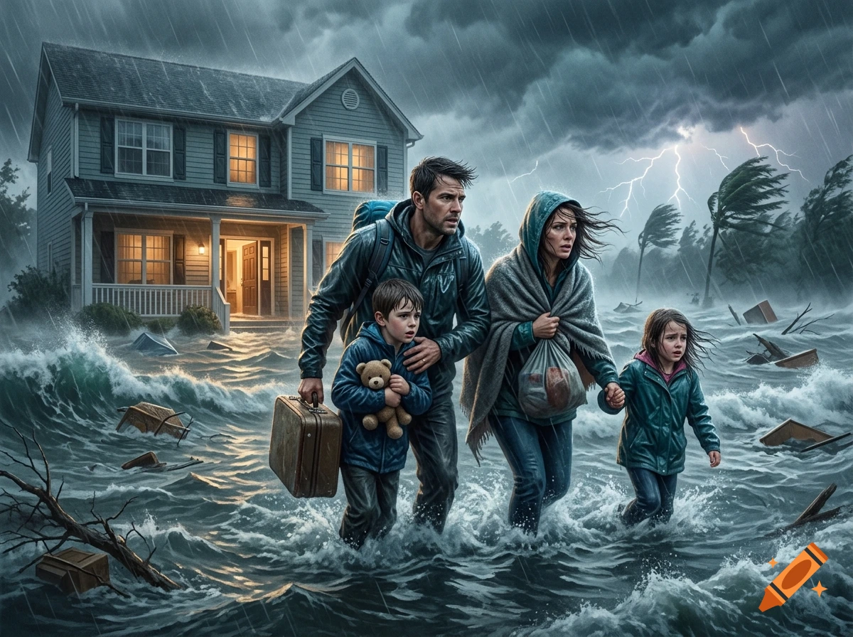 A family of four wading through floodwaters in a storm, fleeing their suburban house, photorealistic style