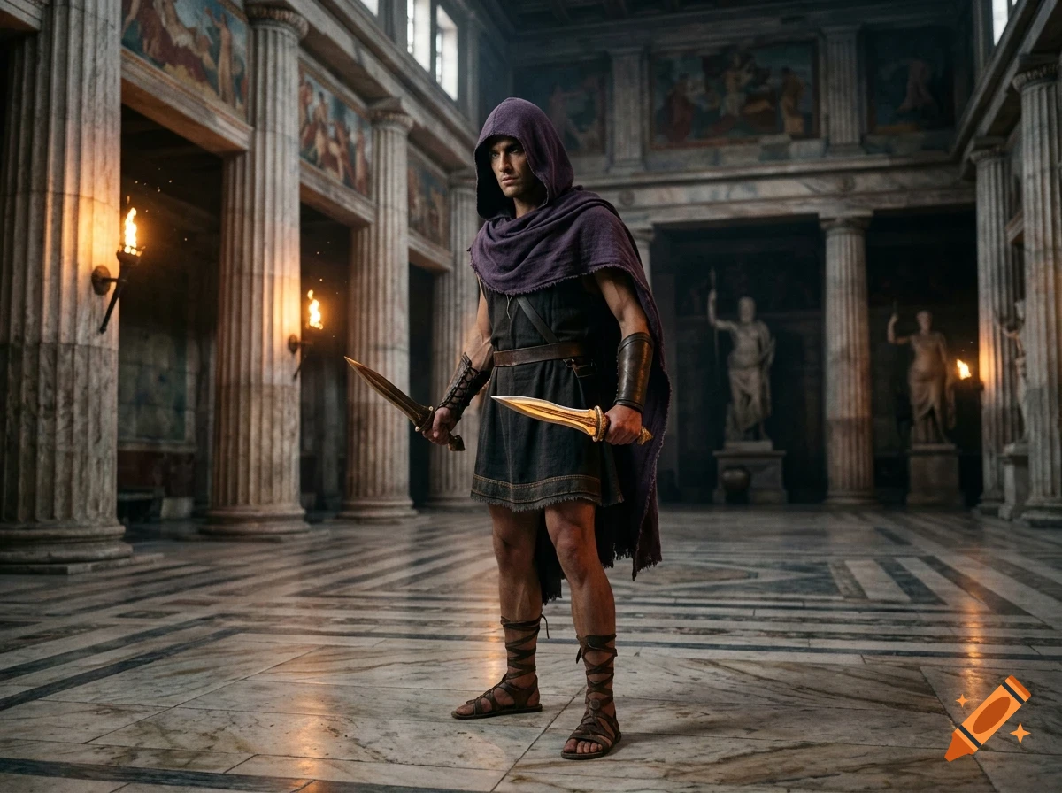 A warrior in a hooded purple cloak and dark tunic stands in a grand ancient hall with columns and statues, holding two daggers.