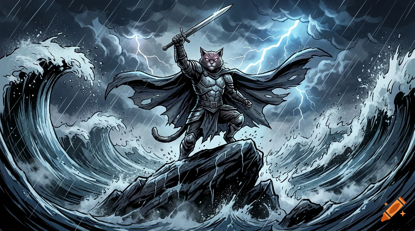 An anthropomorphic warrior cat in dark armor stands triumphantly on a rock amid stormy seas, holding a sword aloft against a backdrop of lightning and turbulent waves.
