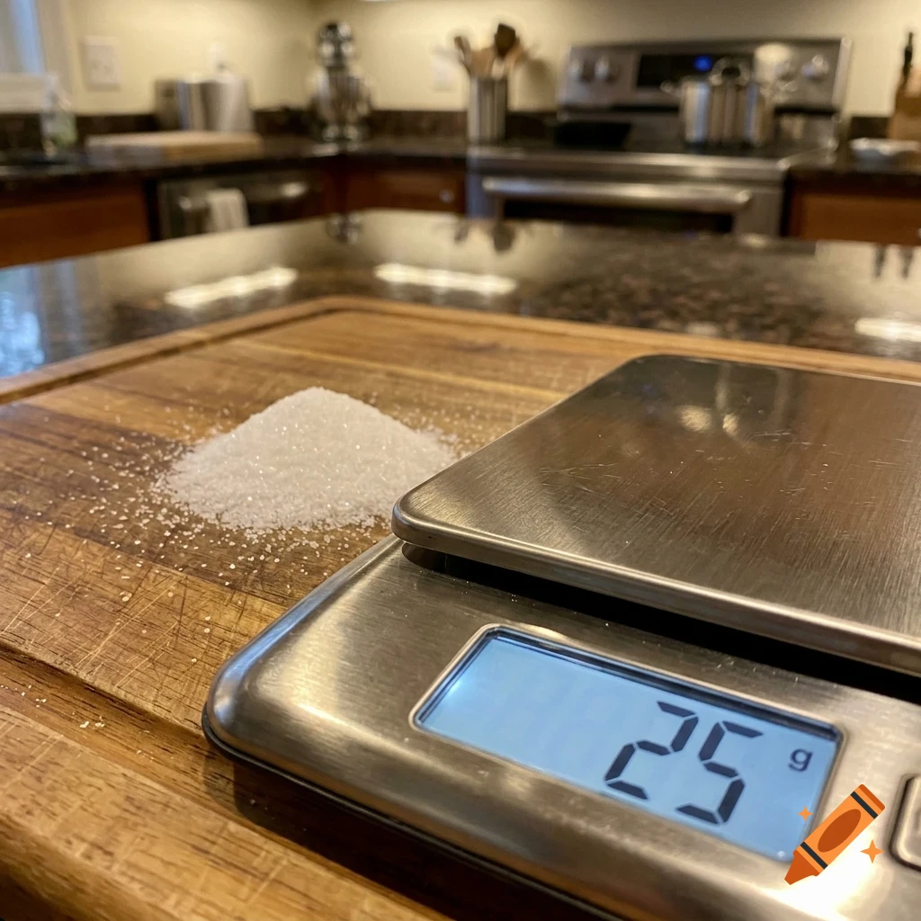 A kitchen scale on a wooden cutting board next to a small pile of white powder, with a kitchen background.