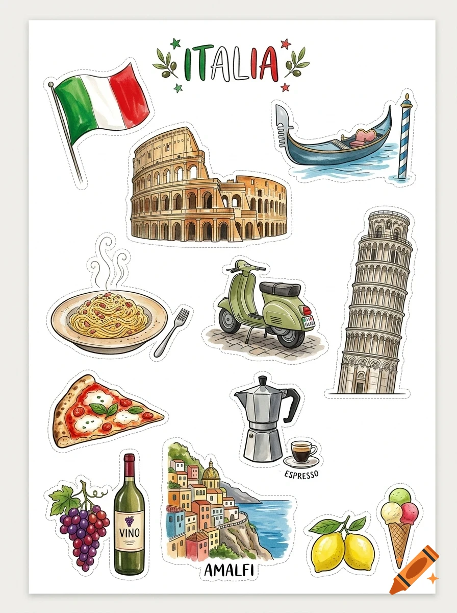 A sticker sheet featuring iconic Italian symbols including the Colosseum, Leaning Tower of Pisa, gondola, scooter, pizza, pasta, and coffee.