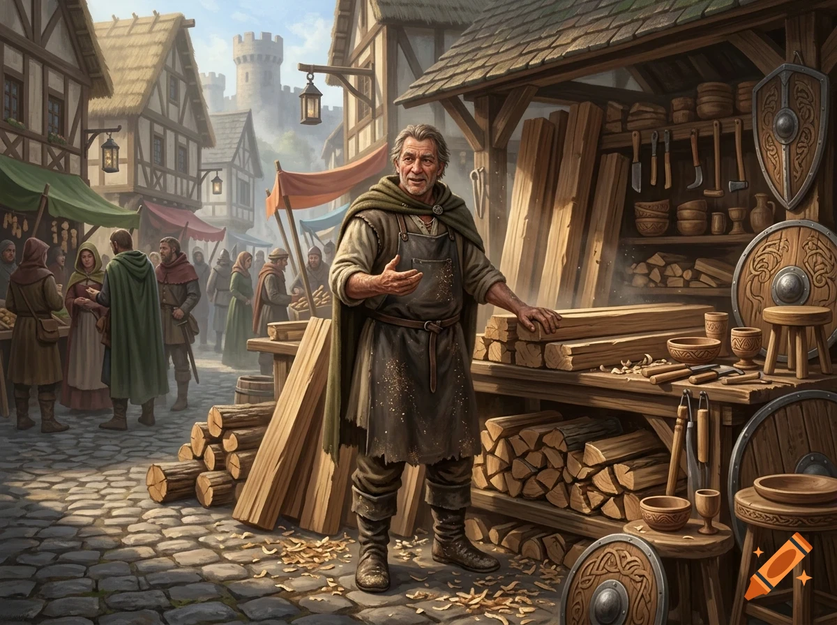 A medieval carpenter stands in his crowded woodworking shop on a cobblestone street in a medieval town.