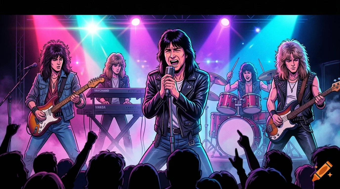 A rock band performing on stage under colorful stage lights in front of an enthusiastic crowd.