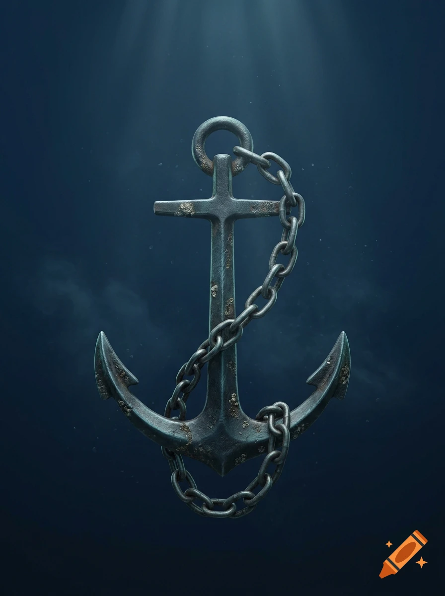 Photorealistic metal anchor with a heavy chain wrapped around it against a deep blue underwater background.