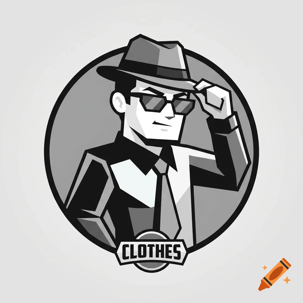 Vector emblem illustration of a man wearing a fedora, sunglasses, and a suit, touching the brim of his hat with text reading CLOTHES.