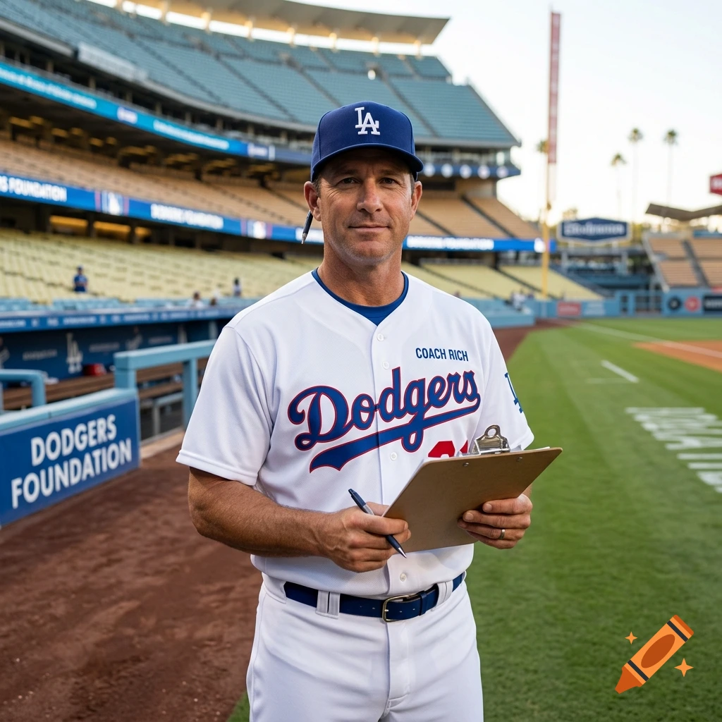 Photorealistic medium shot of a male baseball coach in a Dodgers uniform holding a clipboard inside a stadium.