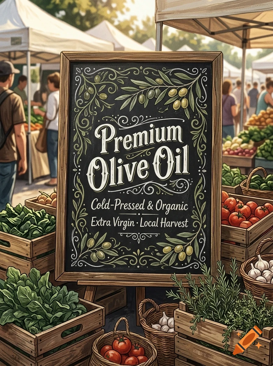 A chalkboard sign on an easel at a farmers market reads "Premium Olive Oil, Cold-Pressed & Organic, Extra Virgin, Local Harvest," surrounded by illustrations of olive branches, with crates of fresh produce visible around it.