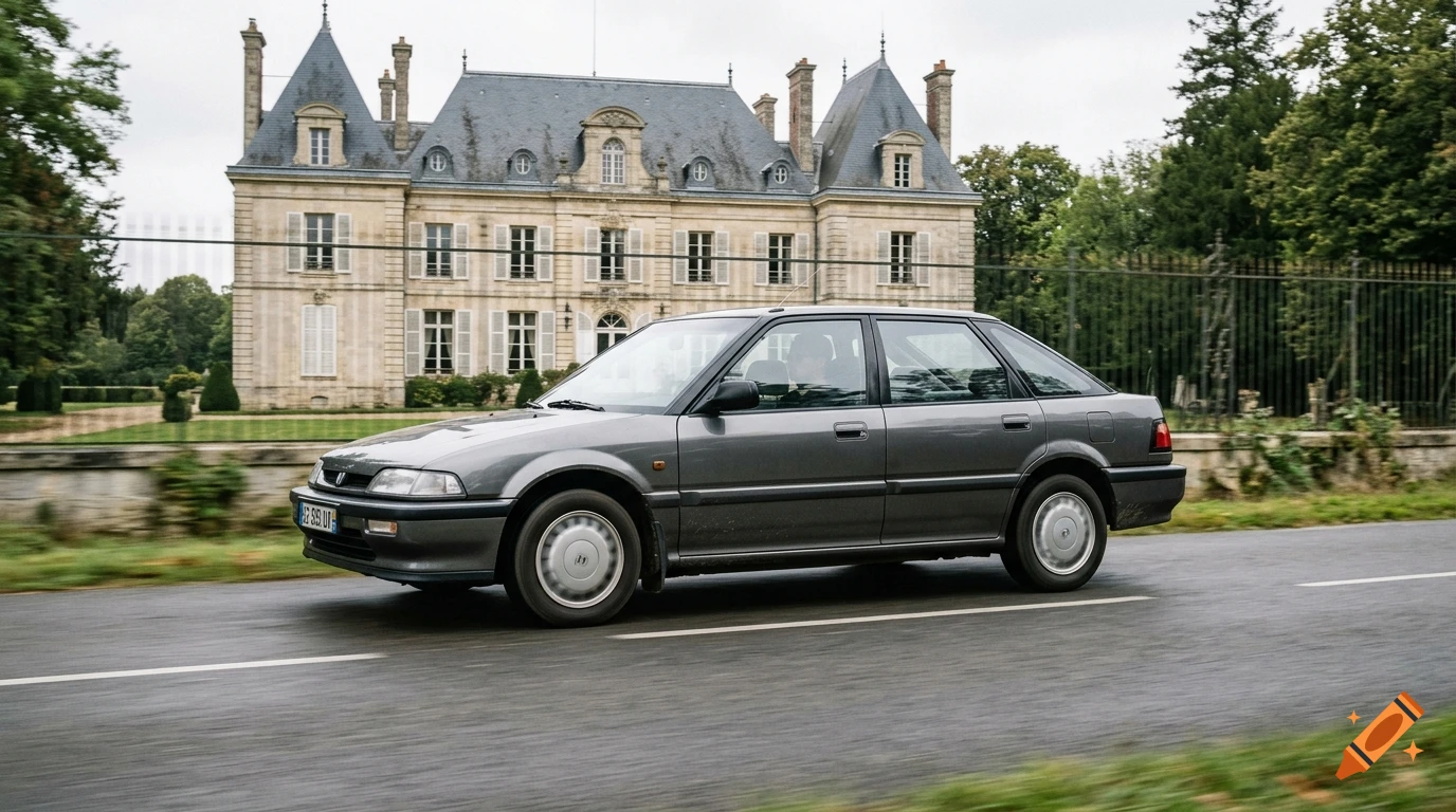 A gray Honda Concerto driving on a wet asphalt road in front of a French chateau, panning shot.
