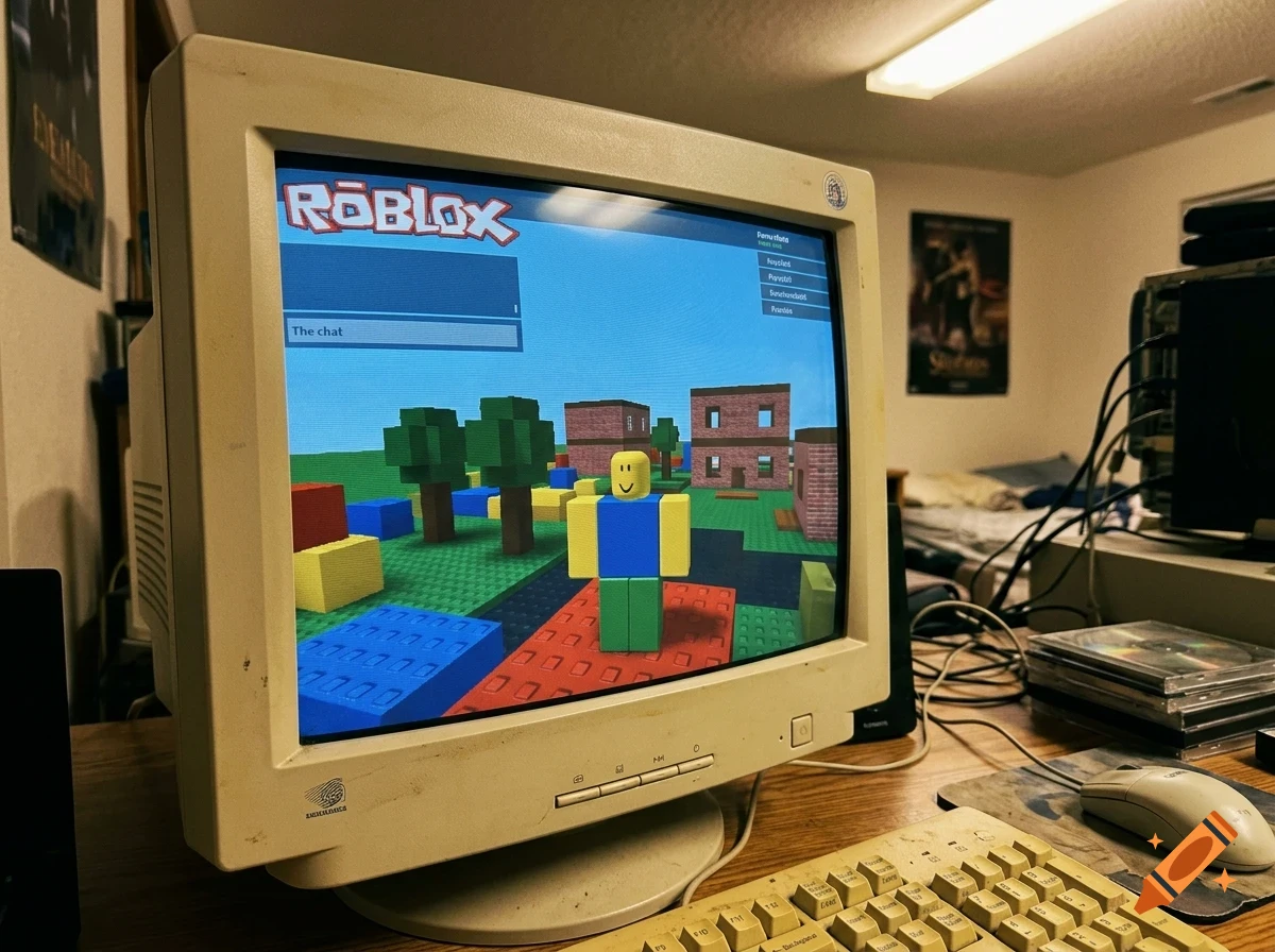 An old CRT monitor sits on a desk, displaying an early version of the Roblox game with a blocky character standing in a virtual landscape.