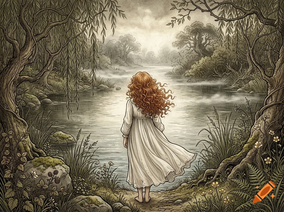 A young person with long curly hair wearing a white dress stands facing a misty river, surrounded by trees and wildflowers in a detailed sepia-toned illustration style.