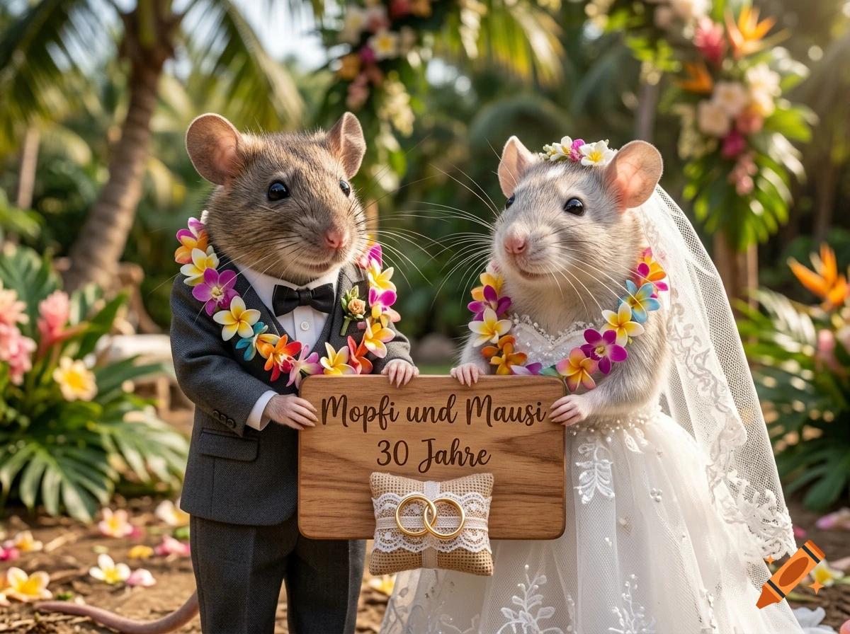 Photorealistic image of two anthropomorphic mice dressed as a bride and groom, holding a wooden sign that reads Mopfi und Mausi 30 Jahre.
