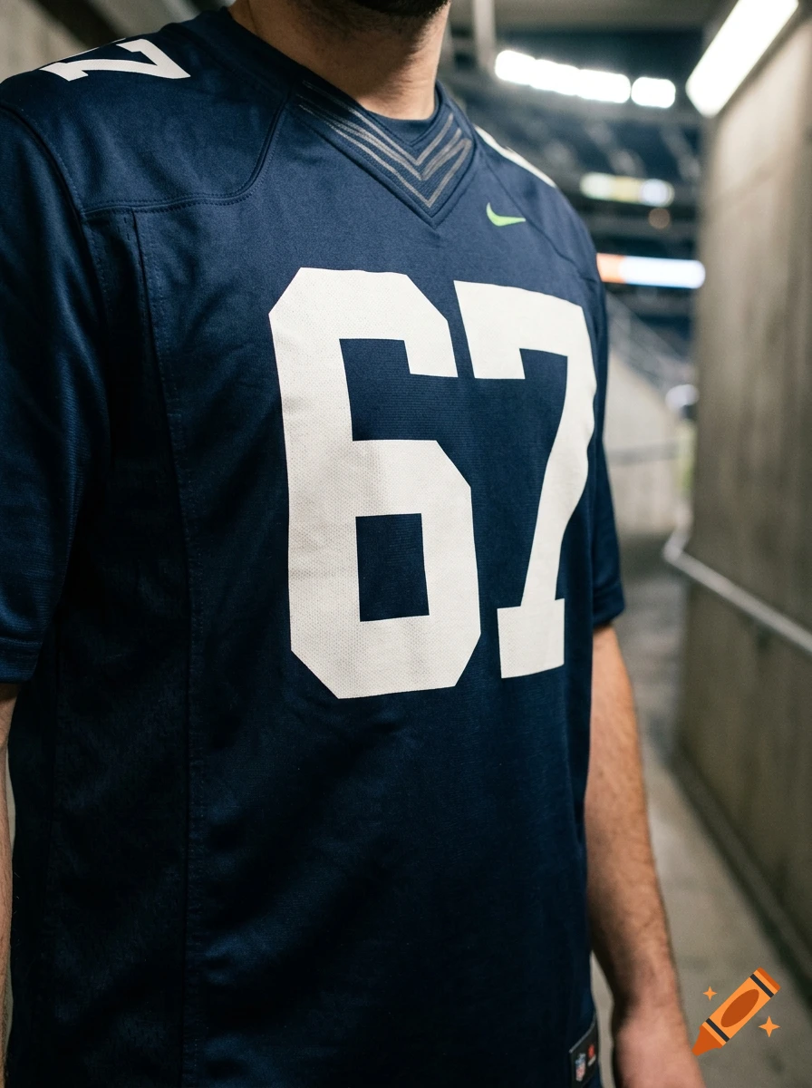 Close-up photorealistic shot of a dark blue football jersey with the number 67 prominently displayed on the front.