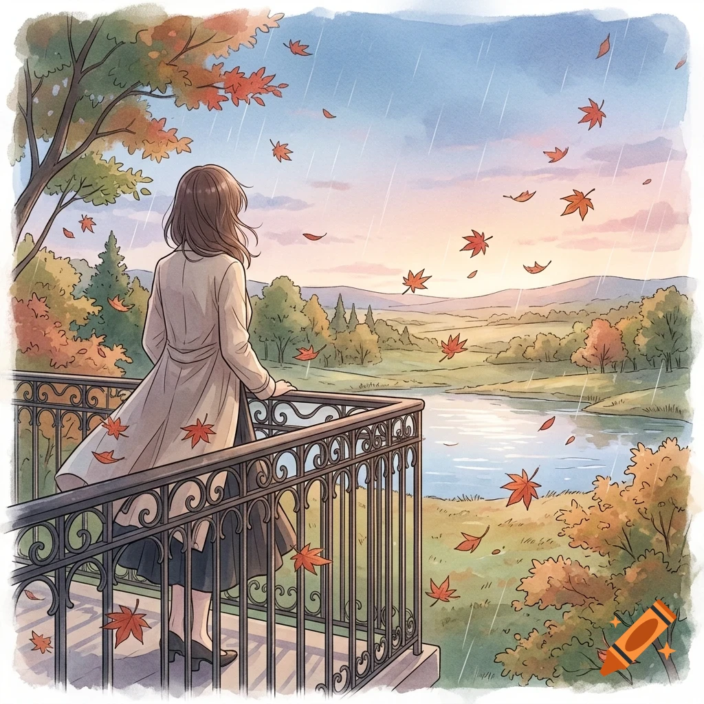 A woman stands on a balcony overlooking a scenic landscape with a lake and hills, while autumn leaves blow in the wind during a light rain.