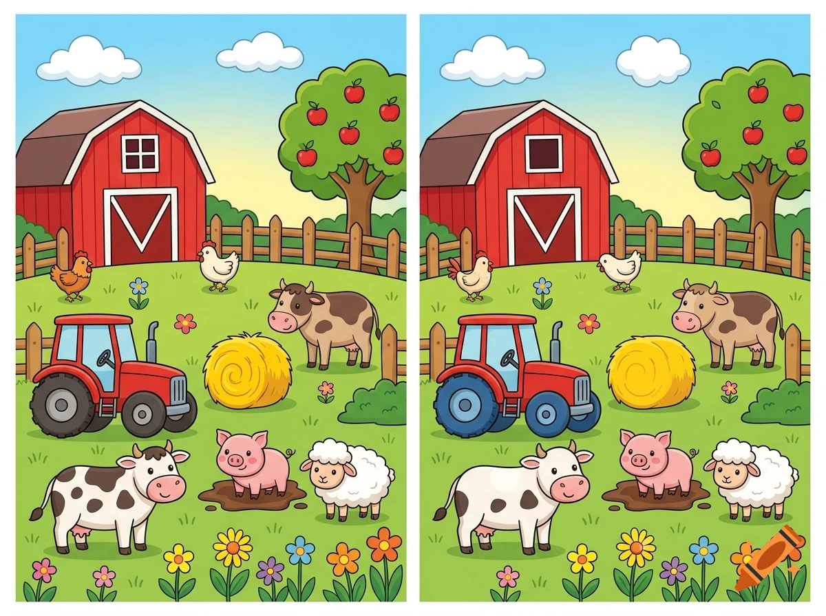 Spot the difference puzzle for children featuring two side-by-side colorful cartoon farm scenes with a red barn, tractor, and animals.