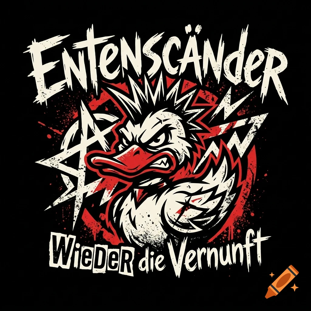 An aggressive-looking punk duck with a mohawk, set against a red circular backdrop with distressed lettering above and below.