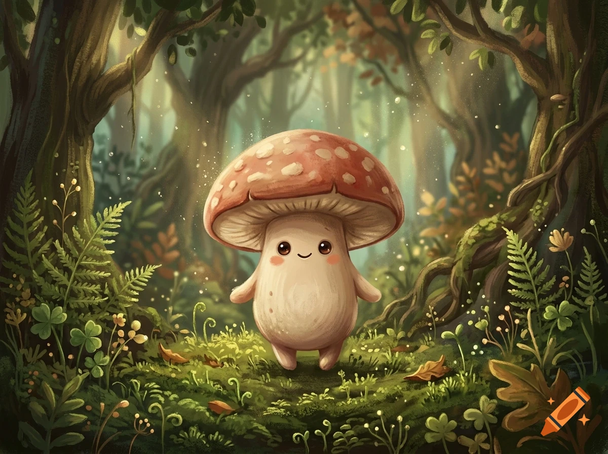 A cute anthropomorphic mushroom character with a smiling face stands in a magical, lush forest surrounded by trees, ferns, and glowing dust particles.