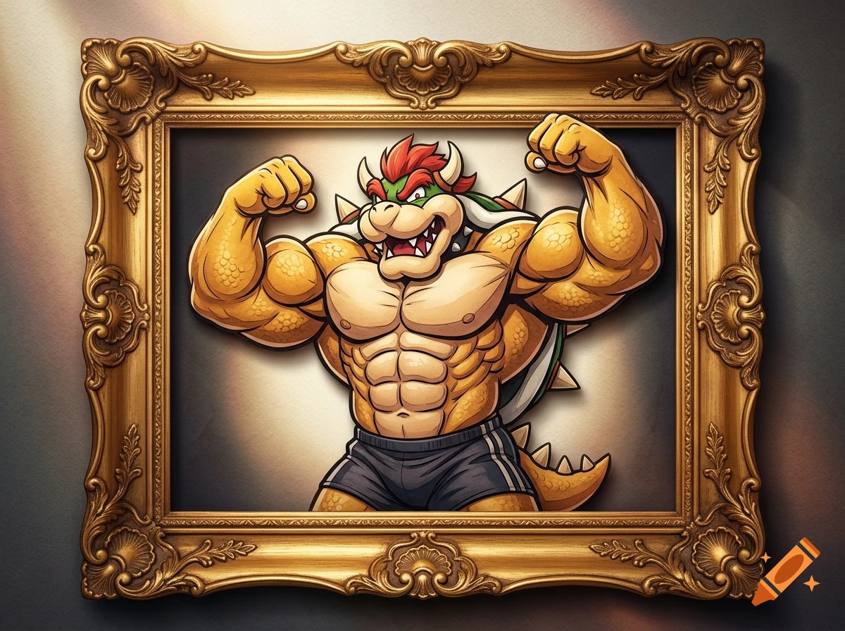 Digital illustration of a muscular Bowser character posing inside an ornate golden picture frame.