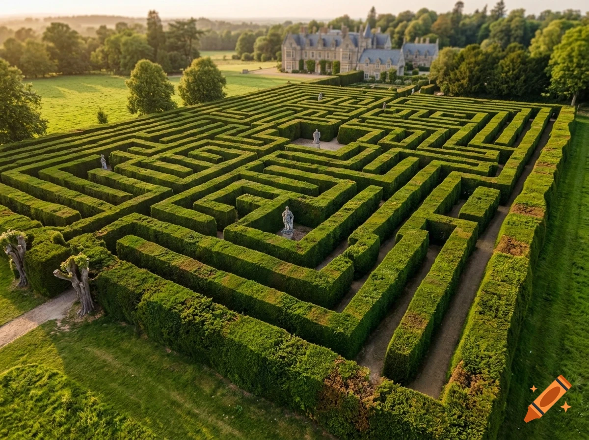An aerial view of a large, intricate hedge maze with winding paths and several small statues, situated on a lush green estate with a large country house in the background.