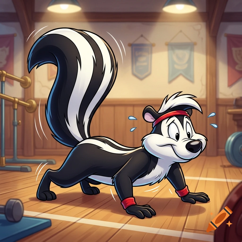 Cartoon skunk wearing a red headband doing push-ups in a gym with wooden floors.