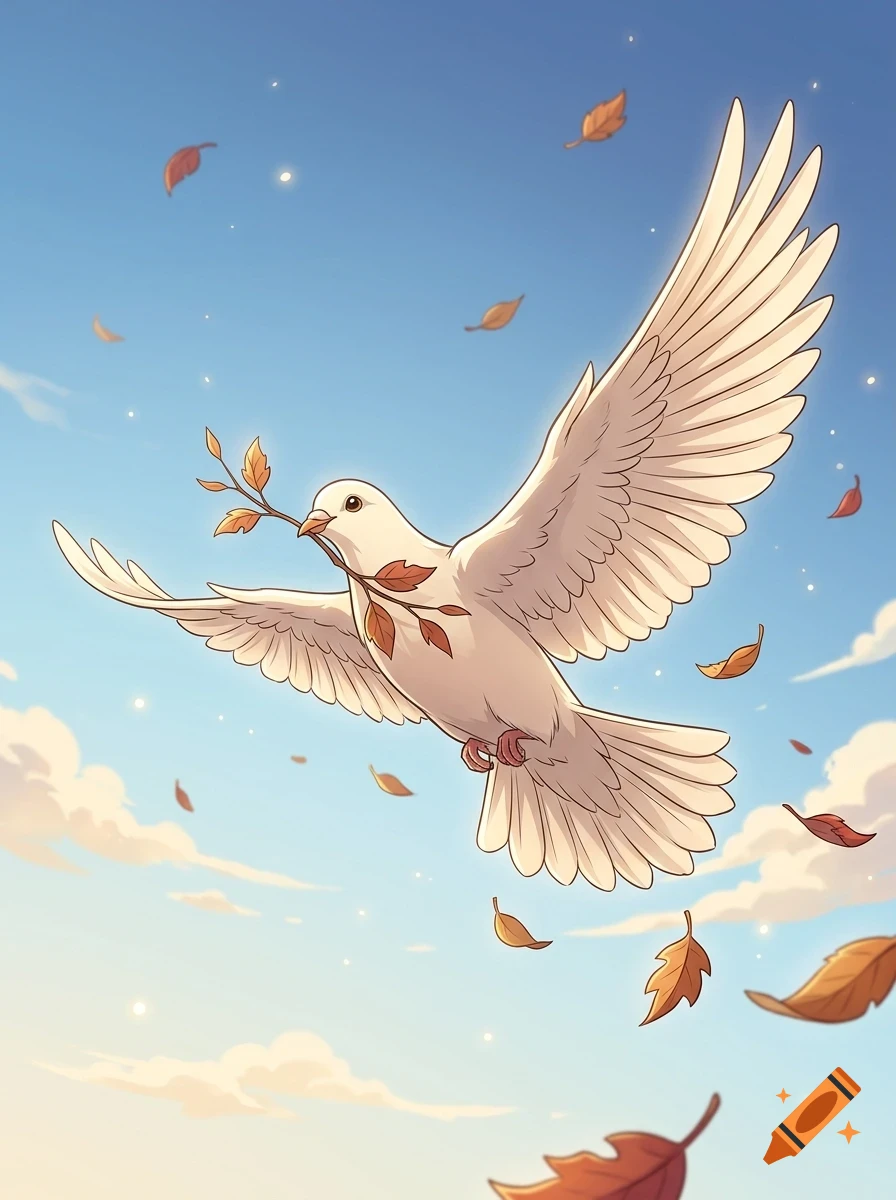 A white dove with outstretched wings holds a small twig in its beak while flying against a blue sky with scattered autumn leaves.