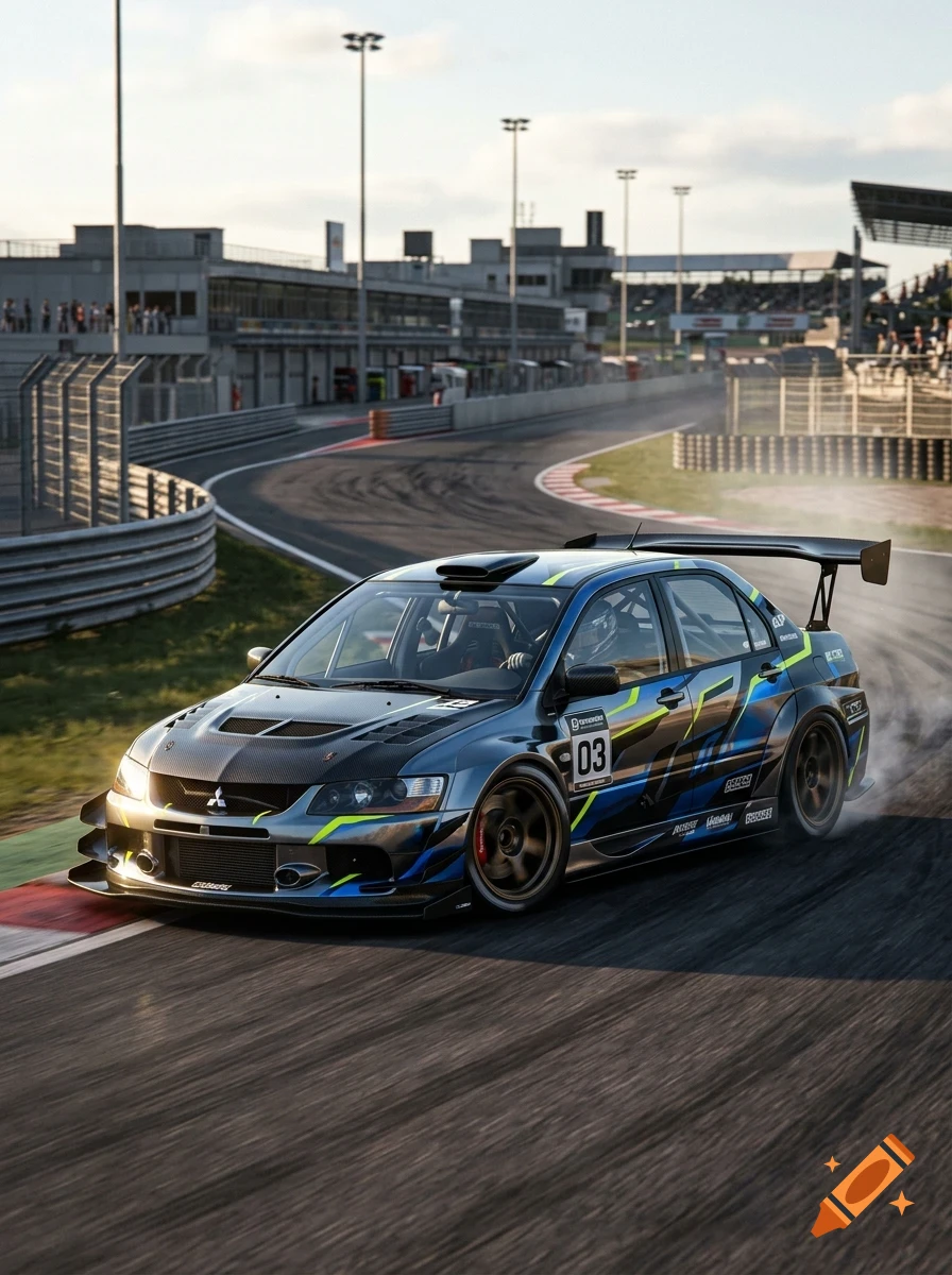 A modified blue racing car drifts around a curve on a racetrack with grandstands in the background.