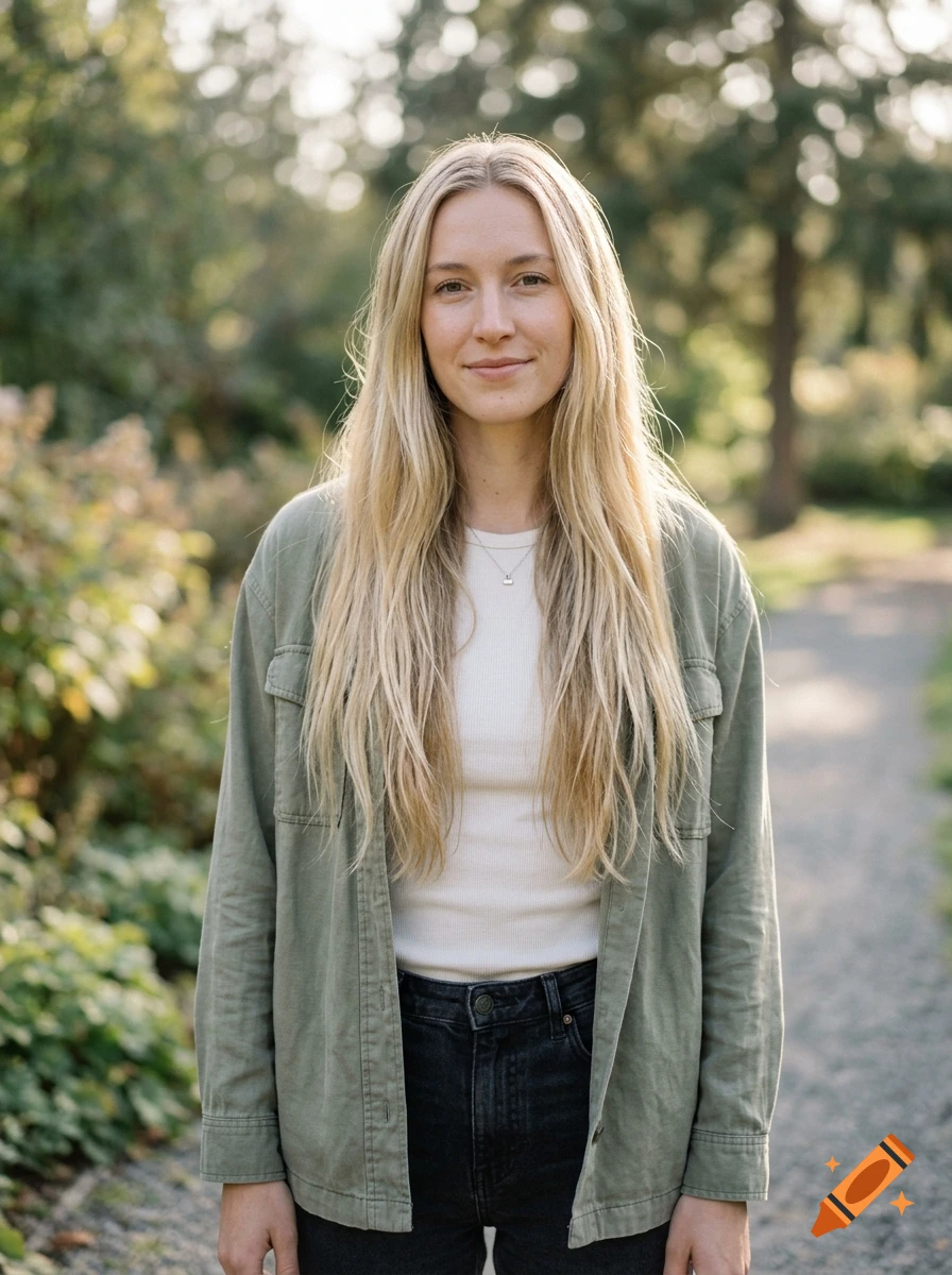 Photorealistic portrait of a tall blonde woman with long hair standing outdoors in a park wearing an olive green button-down shirt and black jeans.