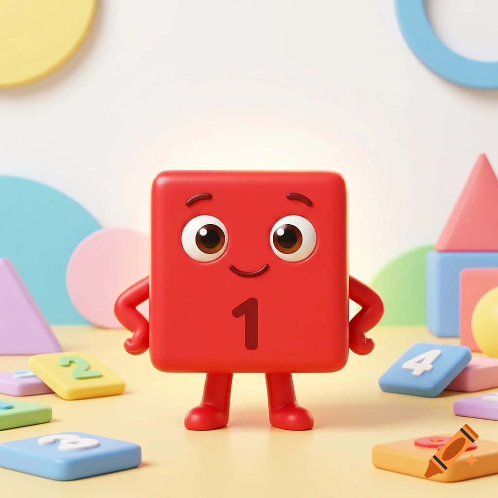 3D render of a red block character with the number 1 on its chest, surrounded by colorful educational blocks on a yellow surface.